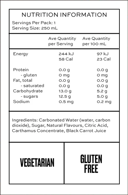 Nutrition facts label for a beverage, detailing calories, sugars, and other ingredients.