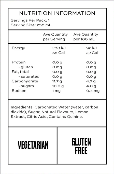 Nutrition facts label for a beverage, detailing calories, sugars, and other ingredients.