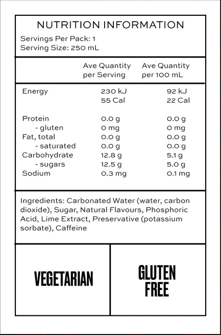 Nutrition facts label for a beverage, detailing calories, sugars, and other ingredients.