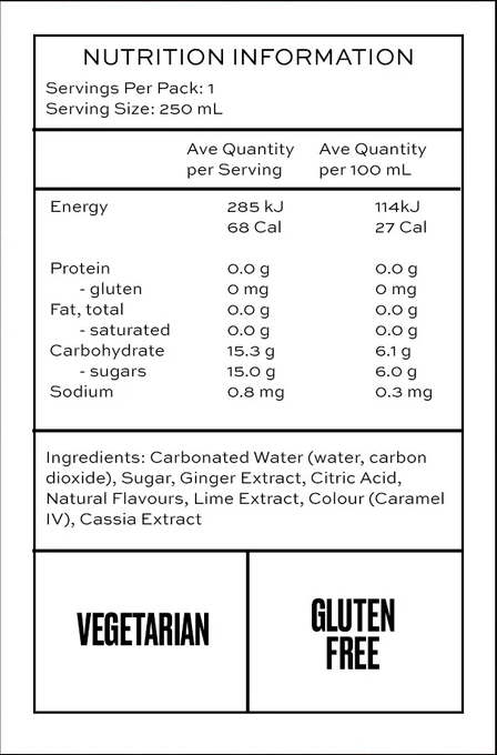 Nutrition facts label for a beverage, detailing calories, sugars, and other ingredients.