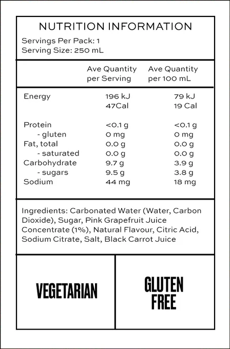 Nutrition facts label for a beverage, detailing calories, sugars, and other ingredients.