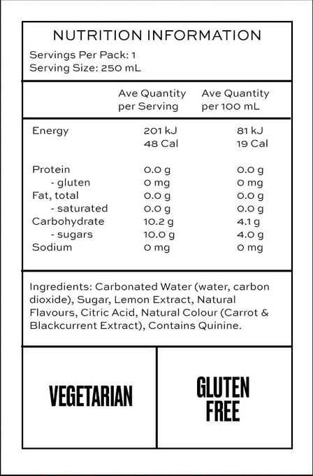 Nutrition facts label for a beverage, detailing calories, sugars, and other ingredients.