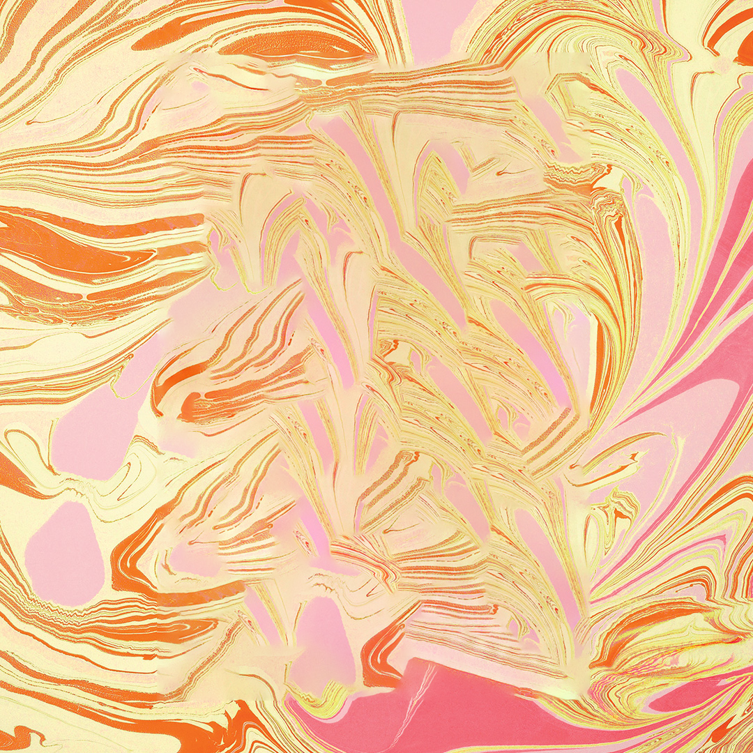 Abstract orange and yellow marbled pattern with blue accents.